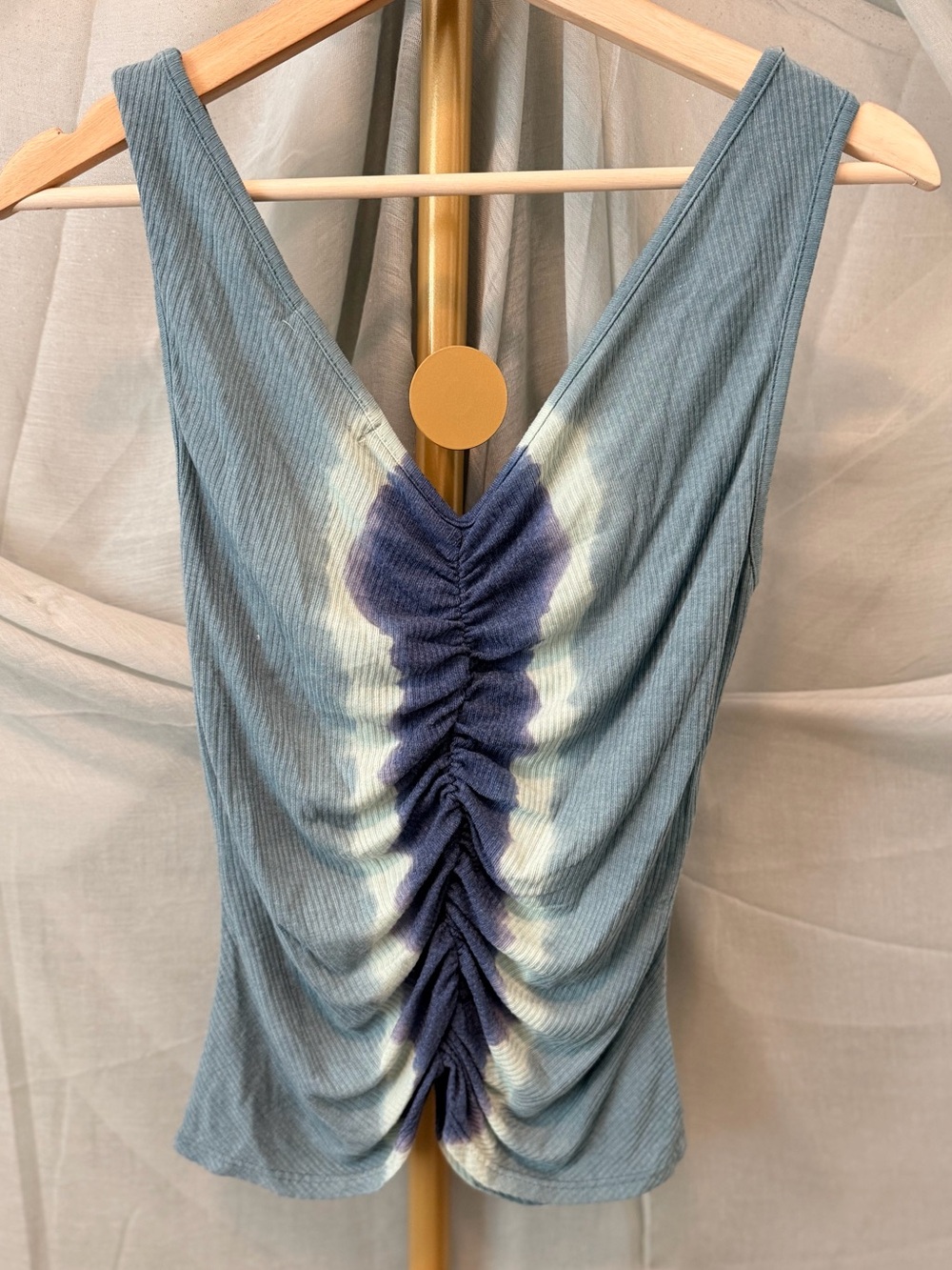 Project Social T Cloud Blue Tie-Dye Ruched V-Back Tank